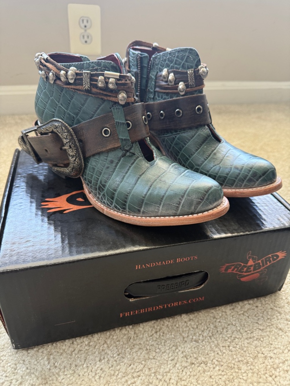 Freebird Turquoise Croc-Embossed Ankle Boots with Brown Decorative Strap
